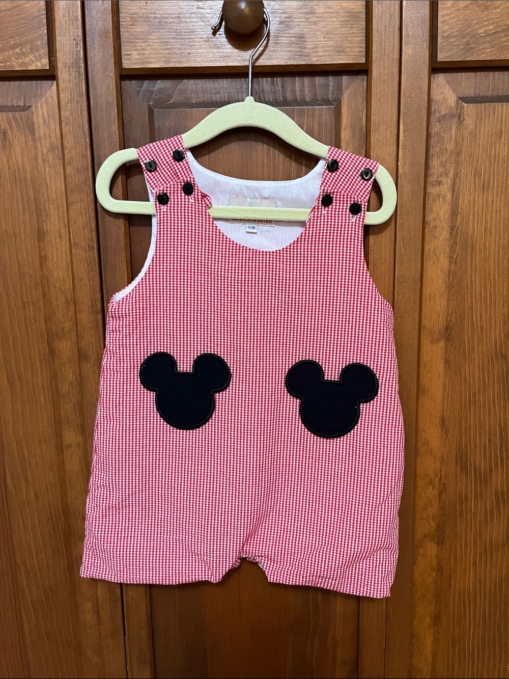 Smockingbird Red Gingham Kids Romper with Black Disney Mouse Appliqués Sz. 12m